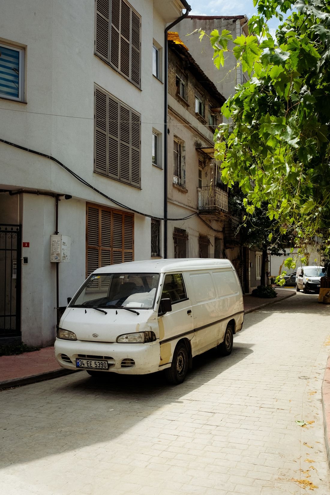 Utilitaire blanc sans aucun marquage, stationné dans une rue résidentielle bordée d'arbres.